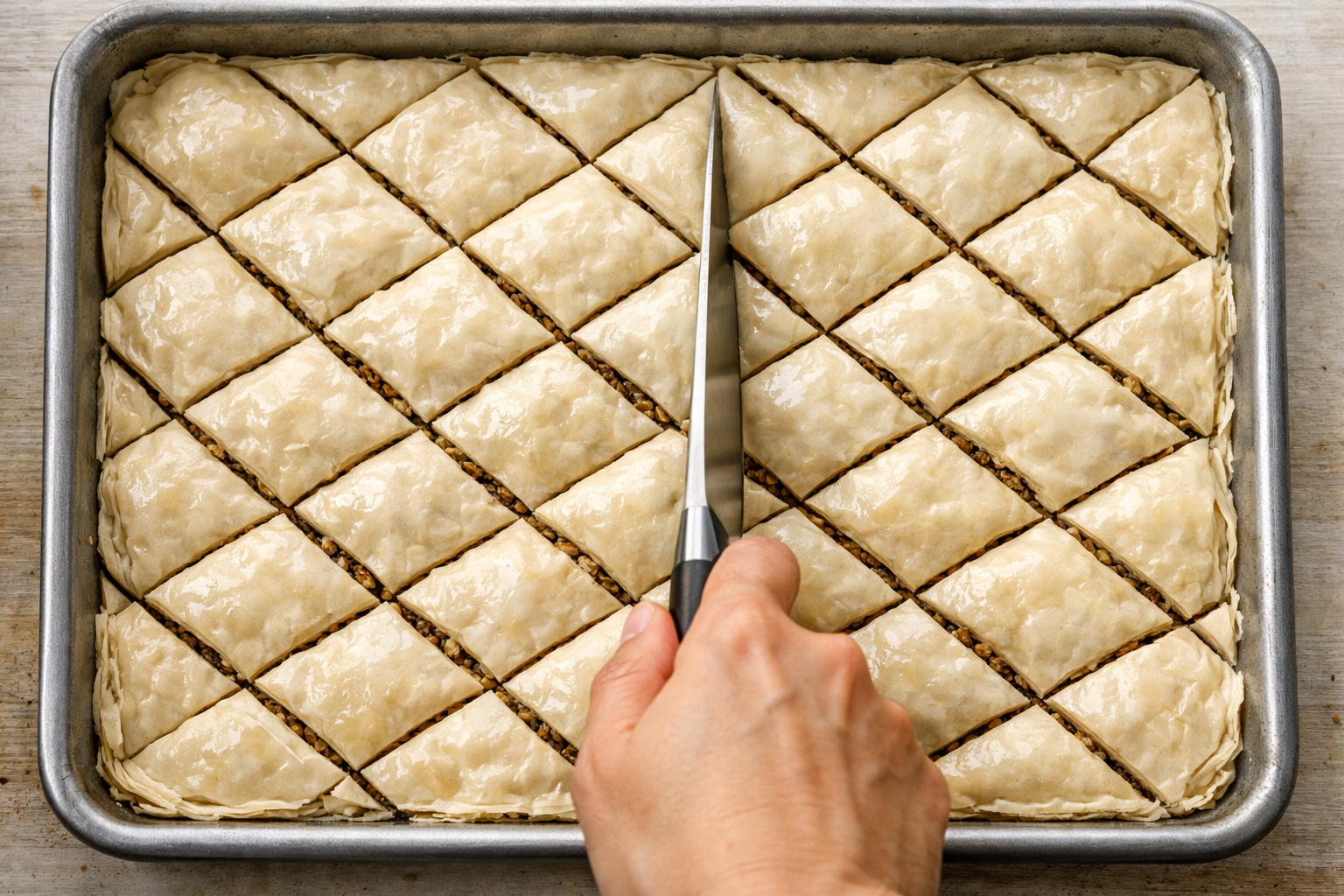 Çiğ baklavanın pişirme öncesi kesilmesi