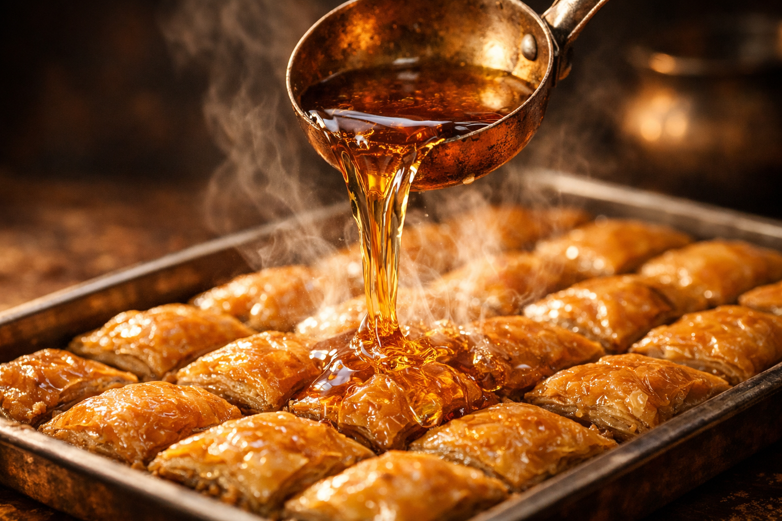 Sıcak baklava tepsisine şerbet dökülmesi